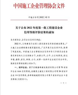 冶建公司一连8年坚持国家AAA级信用企业品级